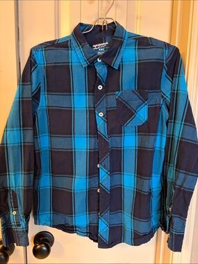 Arizona Jean Company Teal and Navy Plaid Button-Down Shirt